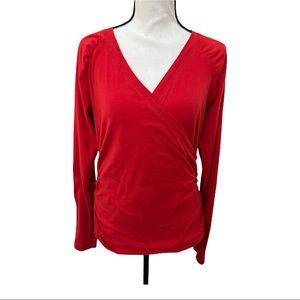 CABI Red Faux Wrap Surplice Cotton Stretch Top Ruched Sides size XL